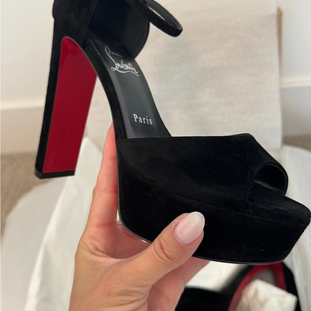 Christian Louboutin Black Suede Platform Peep-Toe Heels with Red Sole